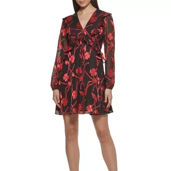 KENSIE Floral Chiffon Flowy Romantic Red Ruffles Mini Dress - Picture 1 of 9